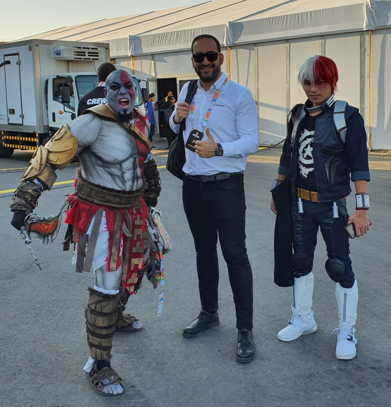 Ozgur Safak Okmek with cosplayers at a gaming expo in Riyadh